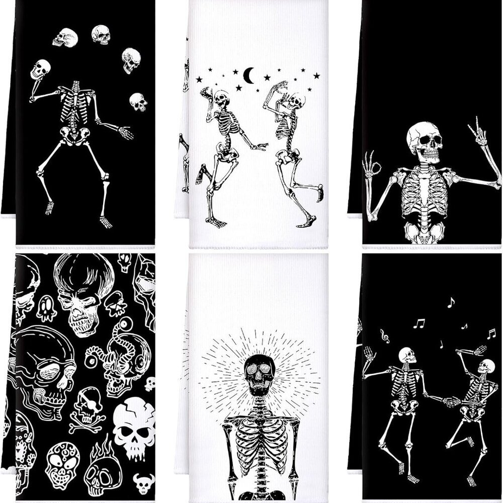 6 Pcs Halloween Skull Kitchen Towels Skeleton Dish Hand Towels Gothic Skull Tea